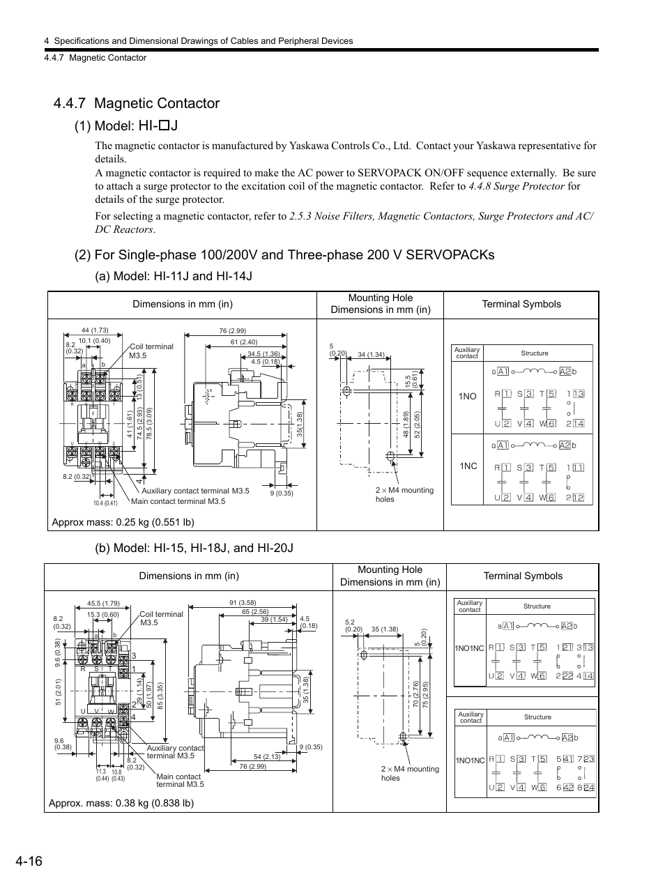 7 magnetic contactor, 1) model: hi-oj, A) model: hi-11j and hi-14j | B) model: hi-15, hi-18j, and hi-20j, 7 magnetic contactor -16, Hi- j, 1) model | Yaskawa SGDS Sigma III Servo Amplifier User Manual | Page 97 / 374