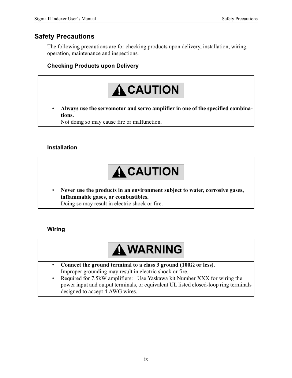 Caution, Caution warning | Yaskawa Sigma II Indexer User Manual | Page 10 / 227