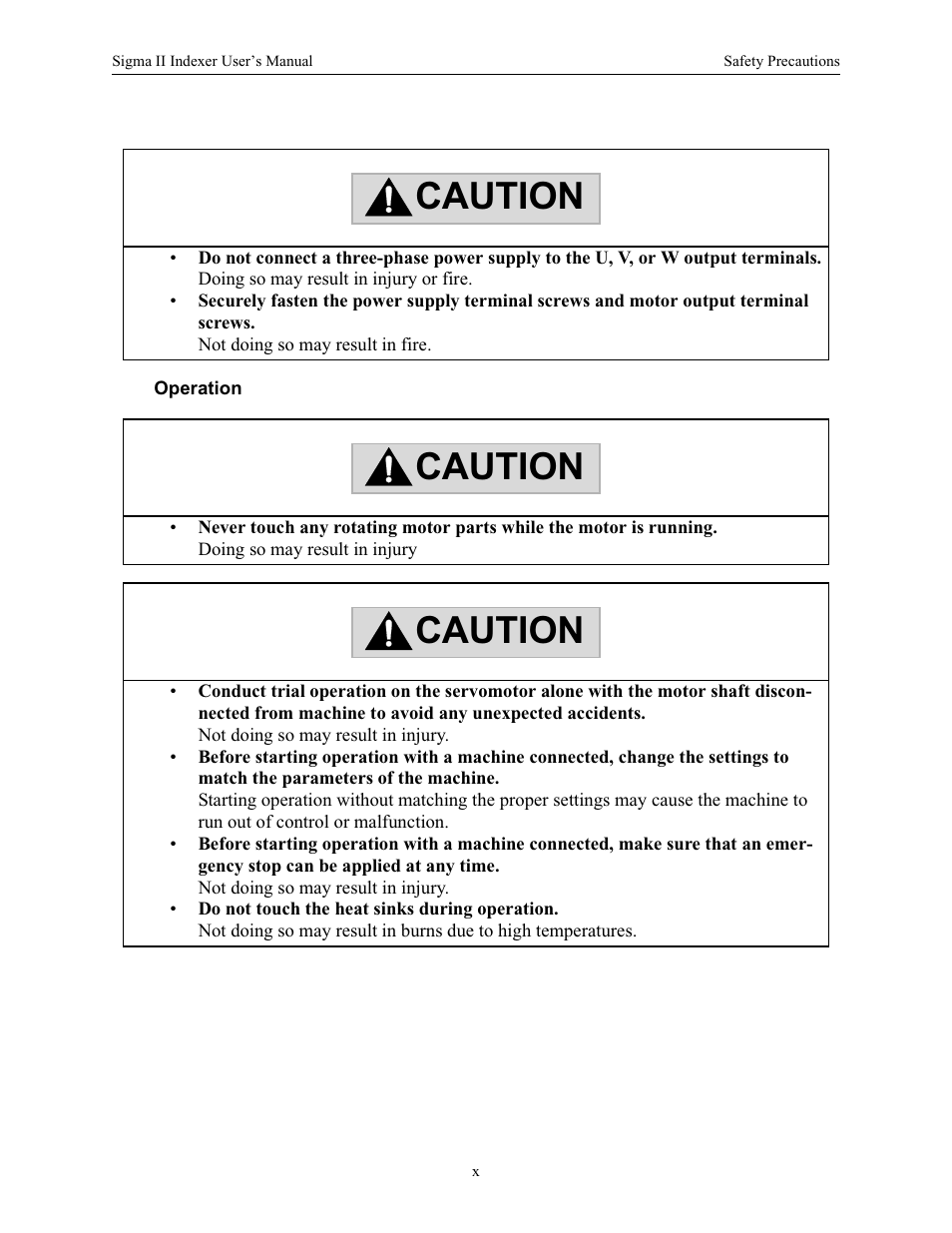 Caution | Yaskawa Sigma II Indexer User Manual | Page 11 / 227