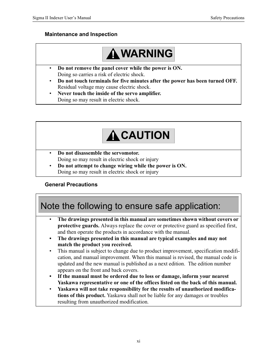 Warning caution | Yaskawa Sigma II Indexer User Manual | Page 12 / 227