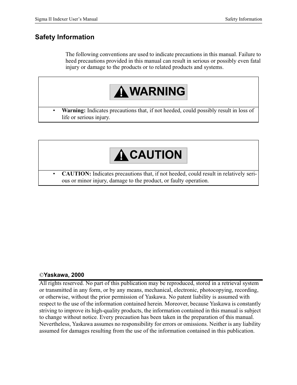 Warning caution | Yaskawa Sigma II Indexer User Manual | Page 3 / 227