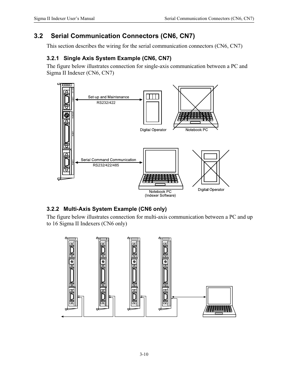 2 serial communication connectors (cn6, cn7), 1 single axis system example (cn6, cn7), 2 multi-axis system example (cn6 only) | Up to 16 axes total | Yaskawa Sigma II Indexer User Manual | Page 37 / 227