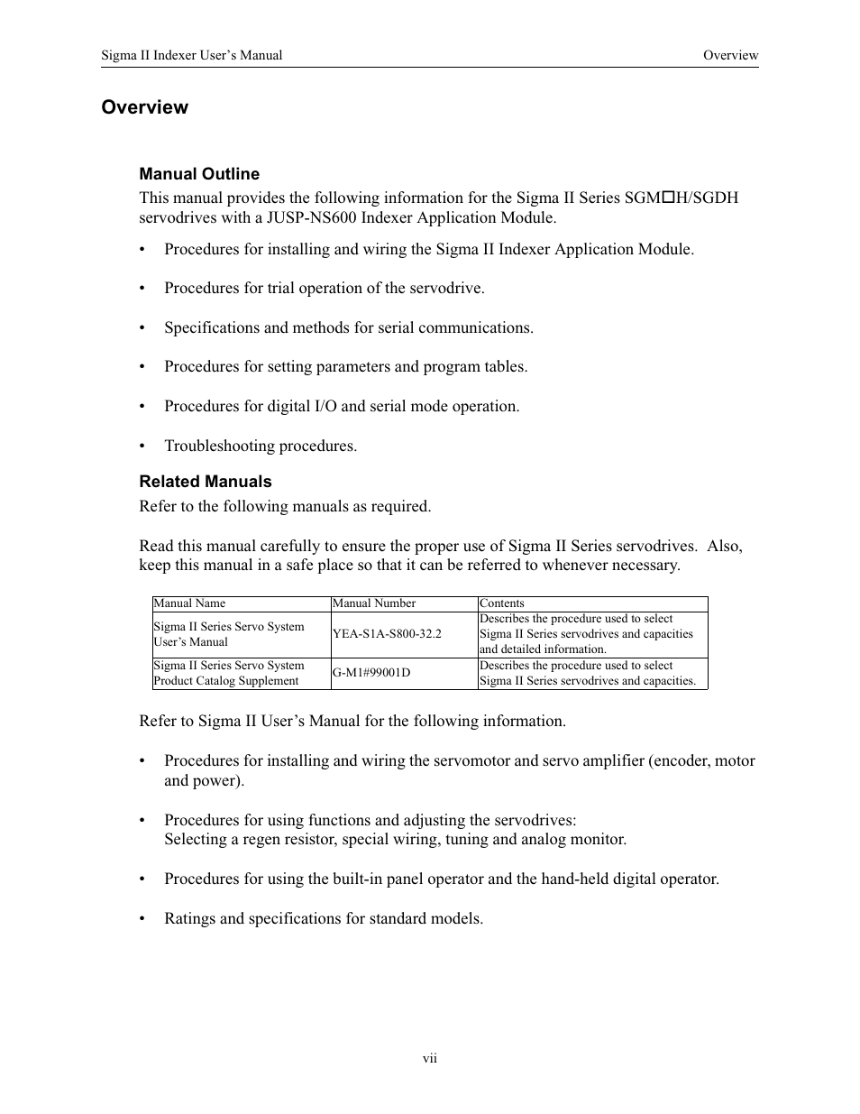 Overview | Yaskawa Sigma II Indexer User Manual | Page 8 / 227
