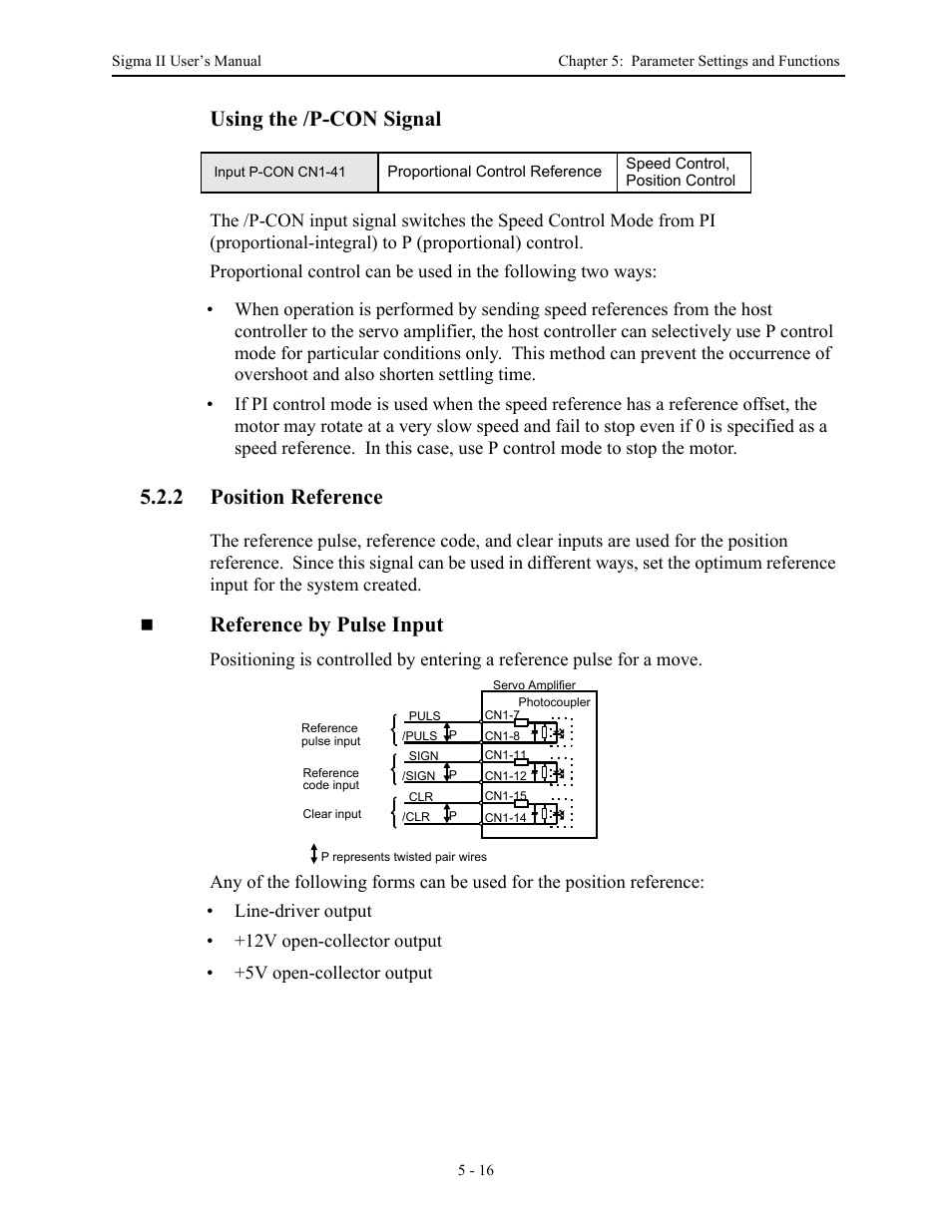 2 position reference, 2 position reference - 16, Position reference -16 | Using the /p-con signal, Reference by pulse input | Yaskawa Sigma II Series Servo System User Manual | Page 102 / 492