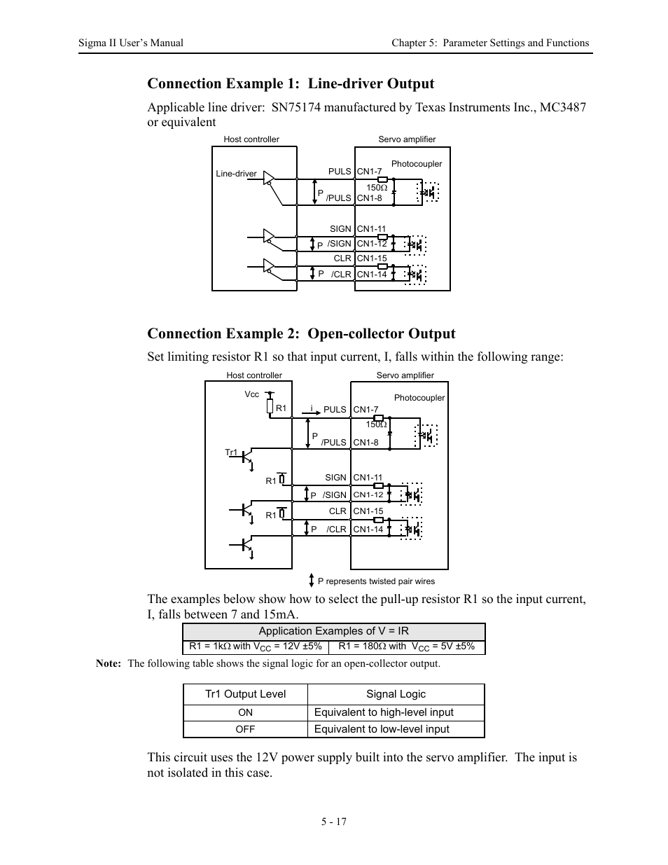 Connection example 1: line-driver output, Connection example 2: open-collector output | Yaskawa Sigma II Series Servo System User Manual | Page 103 / 492