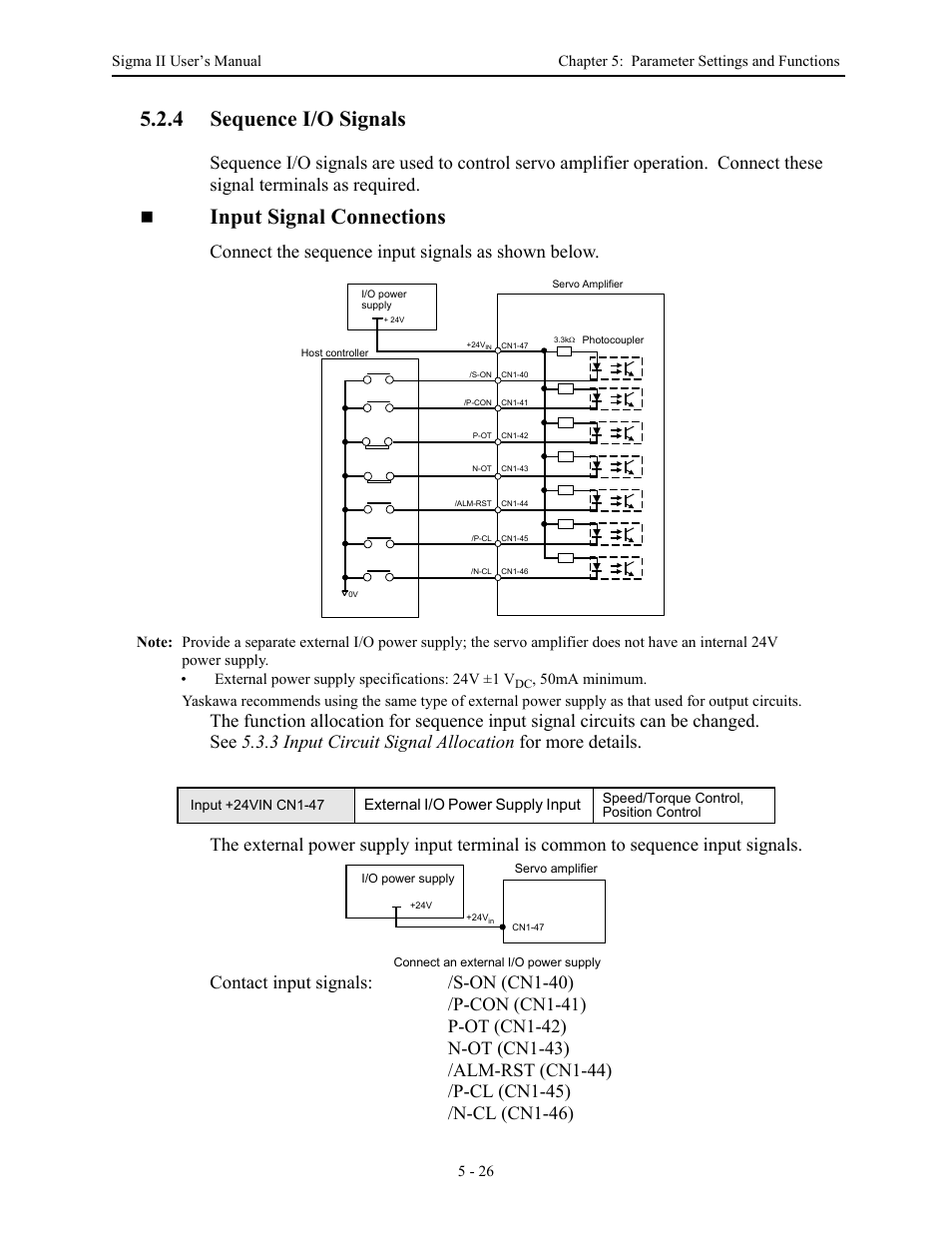 4 sequence i/o signals, 4 sequence i/o signals - 26, Sequence i/o signals -26 | Input signal connections, Connect the sequence input signals as shown below, External i/o power supply input | Yaskawa Sigma II Series Servo System User Manual | Page 112 / 492