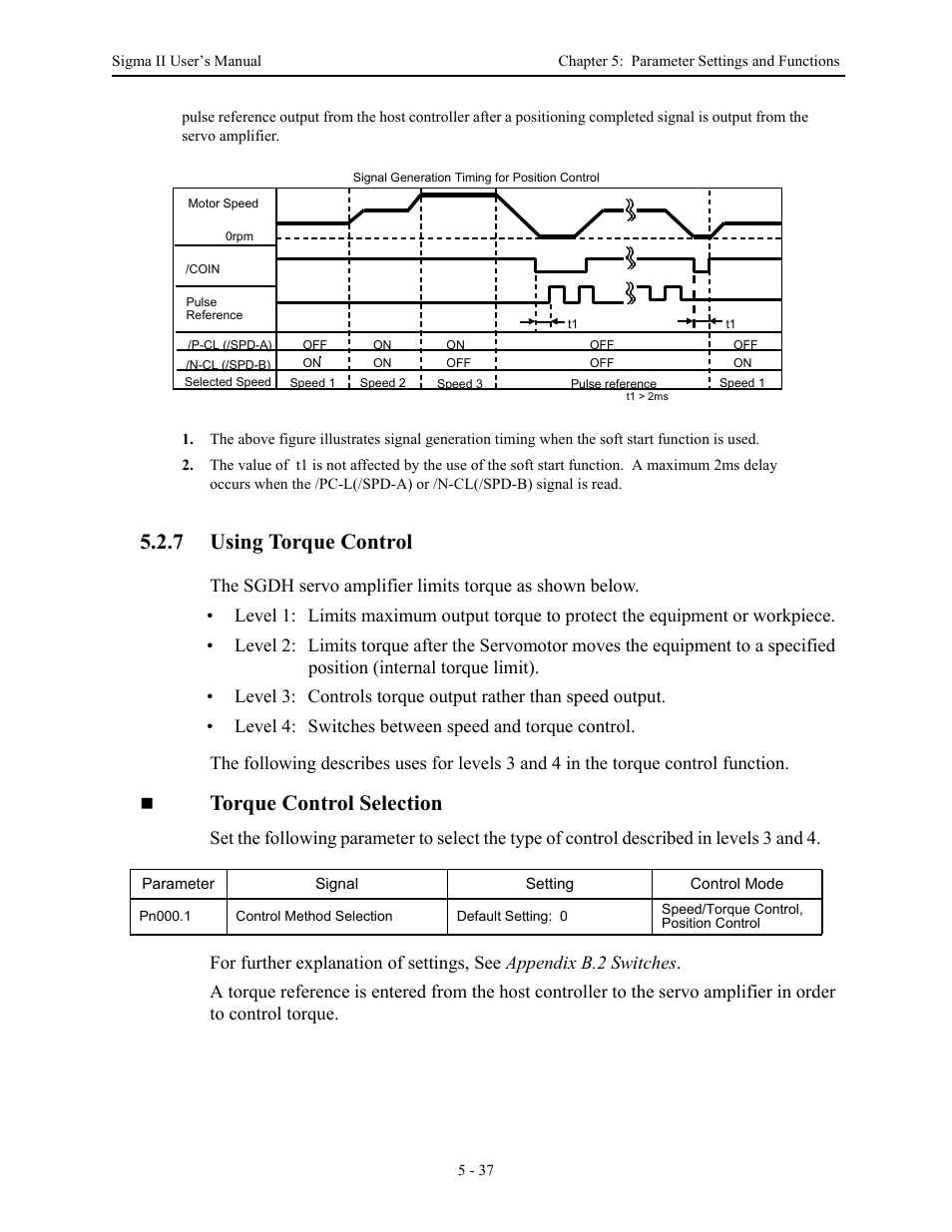 7 using torque control, 7 using torque control - 37, Using torque control -37 | Torque control selection | Yaskawa Sigma II Series Servo System User Manual | Page 123 / 492