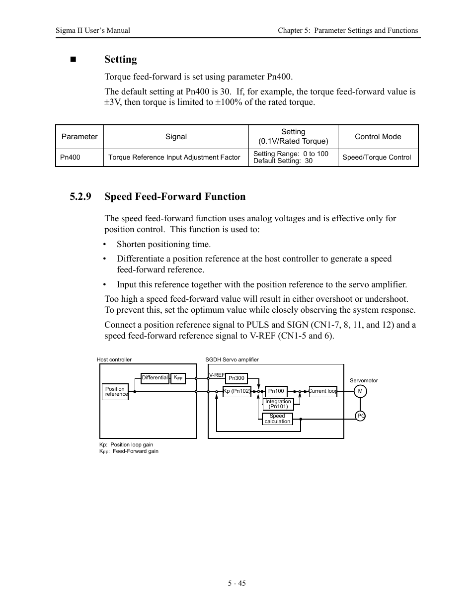 9 speed feed-forward function, 9 speed feed-forward function - 45, Speed feed-forward function -45 | Setting | Yaskawa Sigma II Series Servo System User Manual | Page 131 / 492