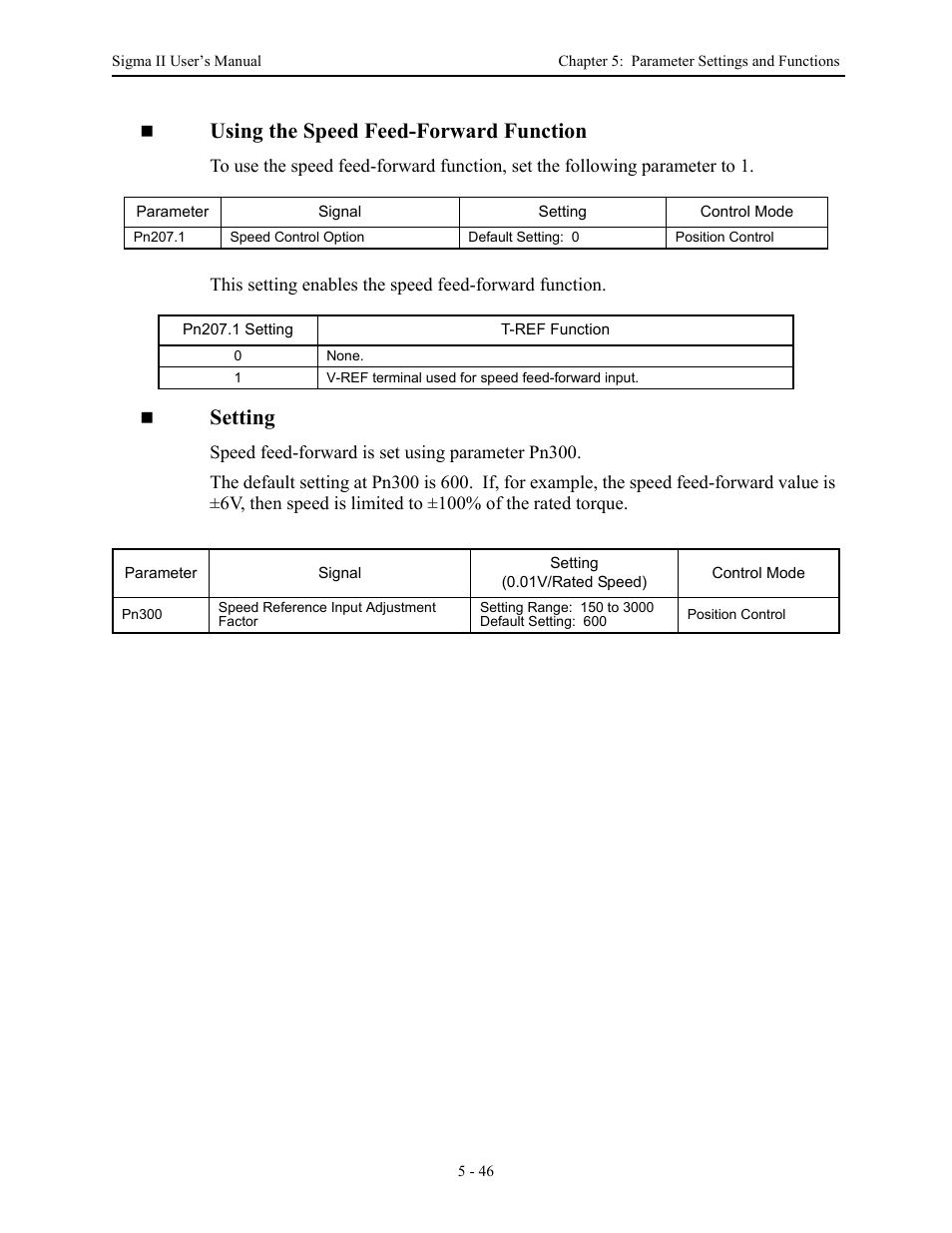 Using the speed feed-forward function, Setting | Yaskawa Sigma II Series Servo System User Manual | Page 132 / 492