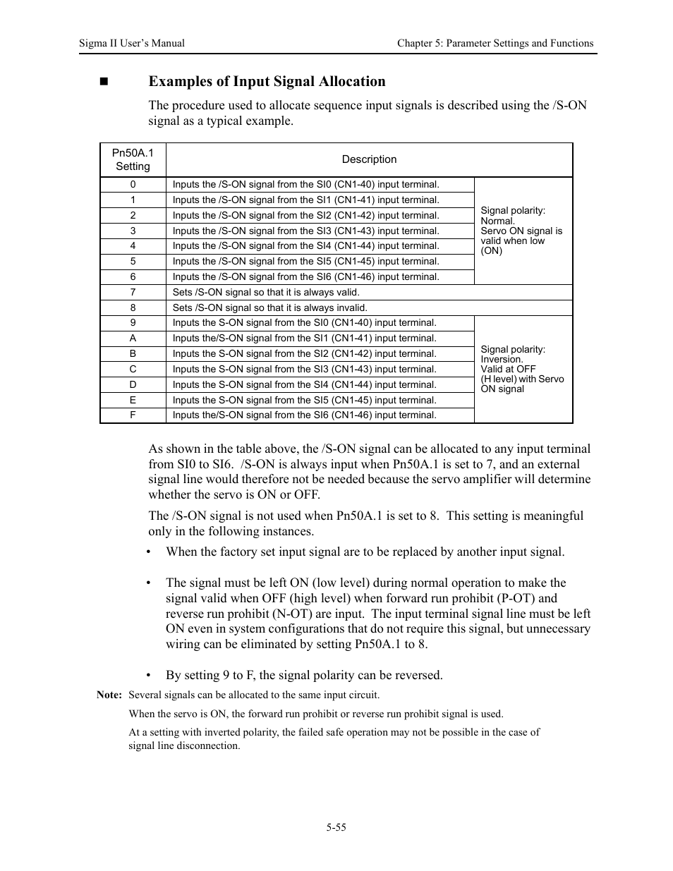 Examples of input signal allocation | Yaskawa Sigma II Series Servo System User Manual | Page 141 / 492
