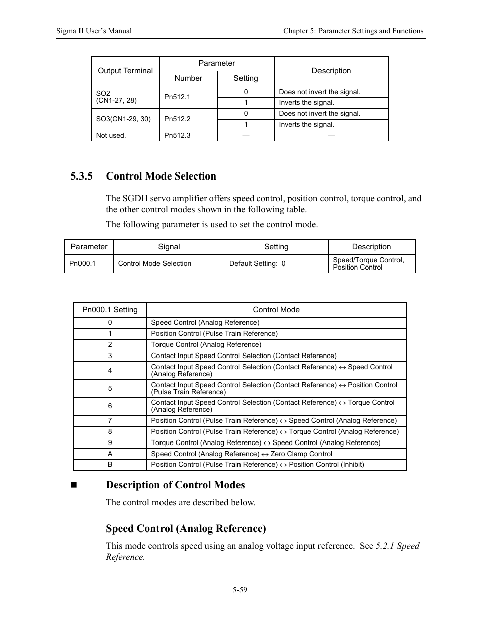 5 control mode selection, 5 control mode selection - 59, Control mode selection -59 | Description of control modes, Speed control (analog reference) | Yaskawa Sigma II Series Servo System User Manual | Page 145 / 492