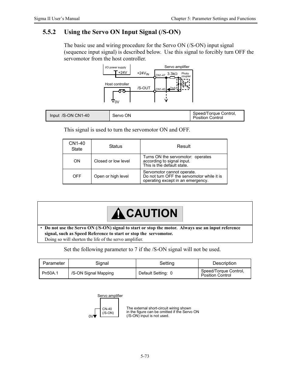 2 using the servo on input signal (/s-on), 2 using the servo on input signal (/s-on) - 73, Using the servo on input signal (/s-on) -73 | Caution | Yaskawa Sigma II Series Servo System User Manual | Page 159 / 492