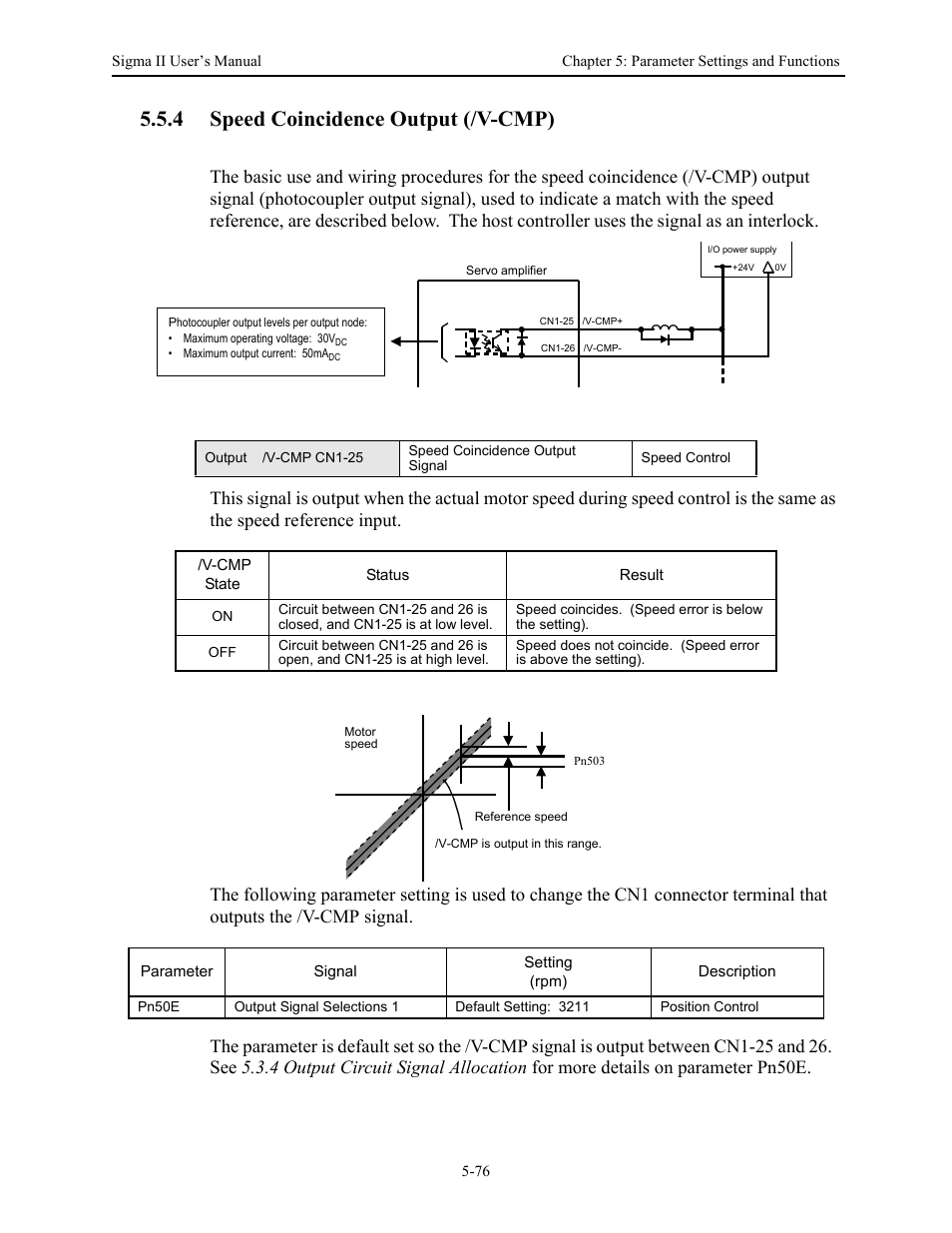 4 speed coincidence output (/v-cmp), 4 speed coincidence output (/v-cmp) - 76, Speed coincidence output (/v-cmp) -76 | Yaskawa Sigma II Series Servo System User Manual | Page 162 / 492