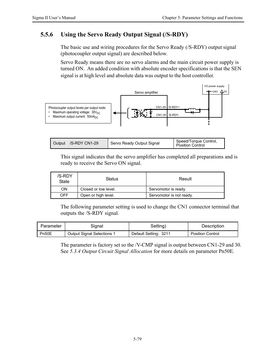 6 using the servo ready output signal (/s-rdy), Using the servo ready output signal (/s-rdy) -79 | Yaskawa Sigma II Series Servo System User Manual | Page 165 / 492
