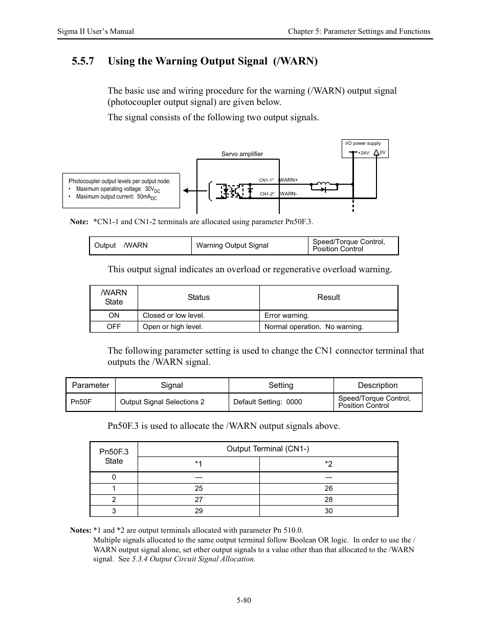 7 using the warning output signal (/warn), 7 using the warning output signal (/warn) - 80, Using the warning output signal (/warn) -80 | Yaskawa Sigma II Series Servo System User Manual | Page 166 / 492