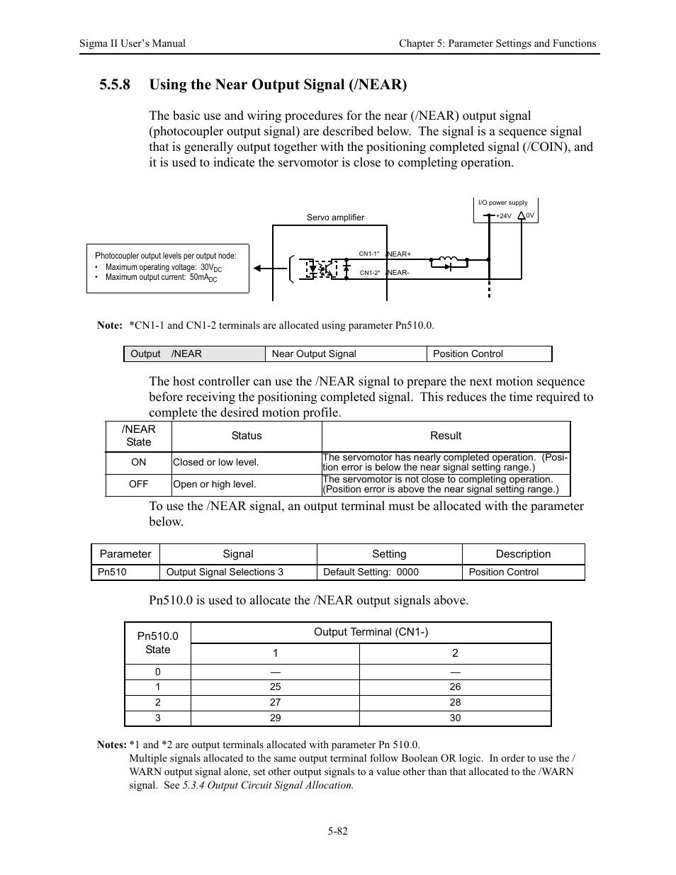 8 using the near output signal (/near), 8 using the near output signal (/near) - 82, Using the near output signal (/near) -82 | Yaskawa Sigma II Series Servo System User Manual | Page 168 / 492