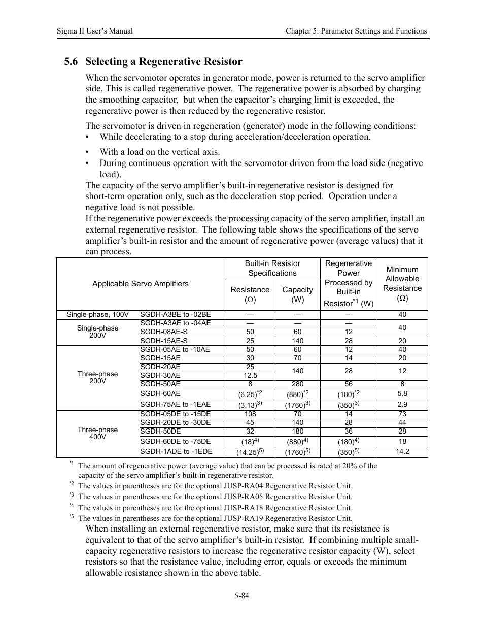 6 selecting a regenerative resistor, 6 selecting a regenerative resistor - 84, 6 selecting a regenerative resistor -84 | Yaskawa Sigma II Series Servo System User Manual | Page 170 / 492