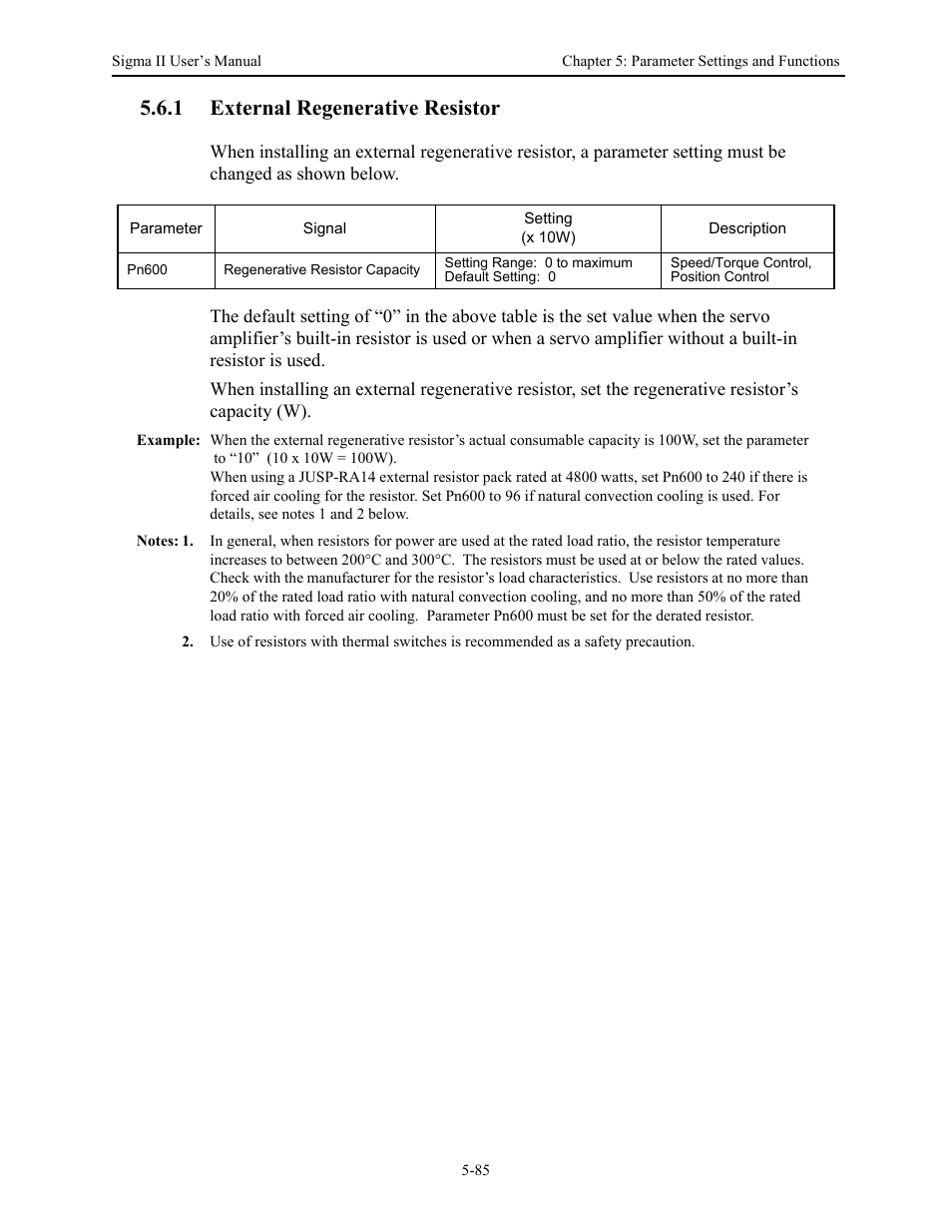 1 external regenerative resistor, 1 external regenerative resistor - 85, External regenerative resistor -85 | Yaskawa Sigma II Series Servo System User Manual | Page 171 / 492