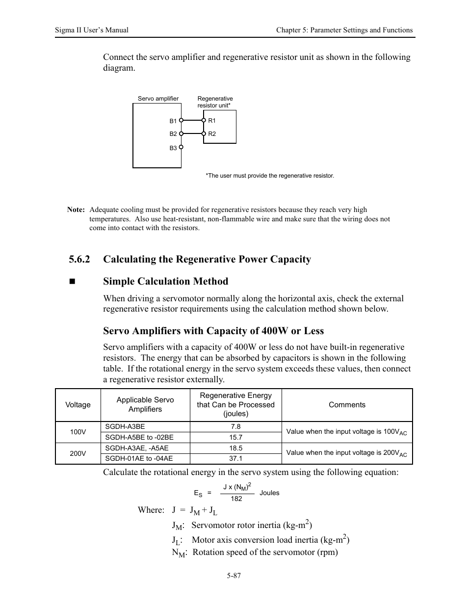 2 calculating the regenerative power capacity, 2 calculating the regenerative power capacity - 87, Calculating the regenerative power capacity -87 | Servo amplifiers with capacity of 400w or less | Yaskawa Sigma II Series Servo System User Manual | Page 173 / 492