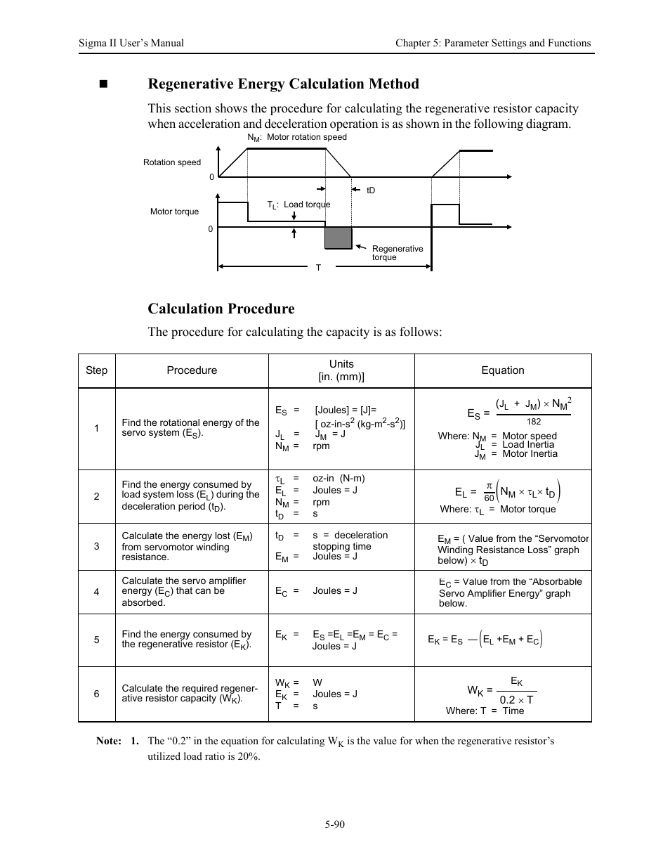 Regenerative energy calculation method, Calculation procedure | Yaskawa Sigma II Series Servo System User Manual | Page 176 / 492