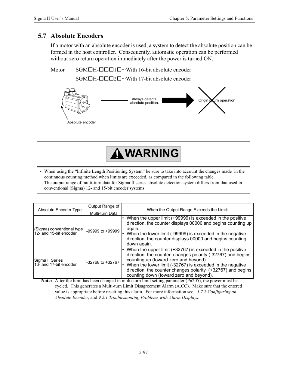 7 absolute encoders, 7 absolute encoders - 97, 7 absolute encoders -97 | Warning | Yaskawa Sigma II Series Servo System User Manual | Page 183 / 492