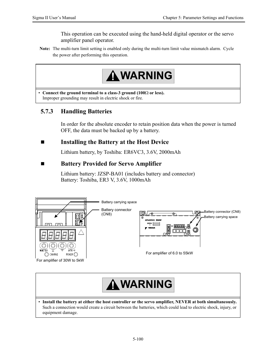 3 handling batteries, 3 handling batteries - 100, Handling batteries -100 | Warning, Installing the battery at the host device, Battery provided for servo amplifier | Yaskawa Sigma II Series Servo System User Manual | Page 186 / 492