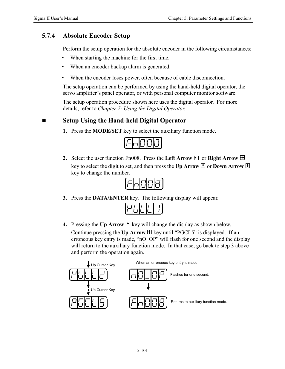 4 absolute encoder setup, 4 absolute encoder setup - 101, Absolute encoder setup -101 | Setup using the hand-held digital operator | Yaskawa Sigma II Series Servo System User Manual | Page 187 / 492