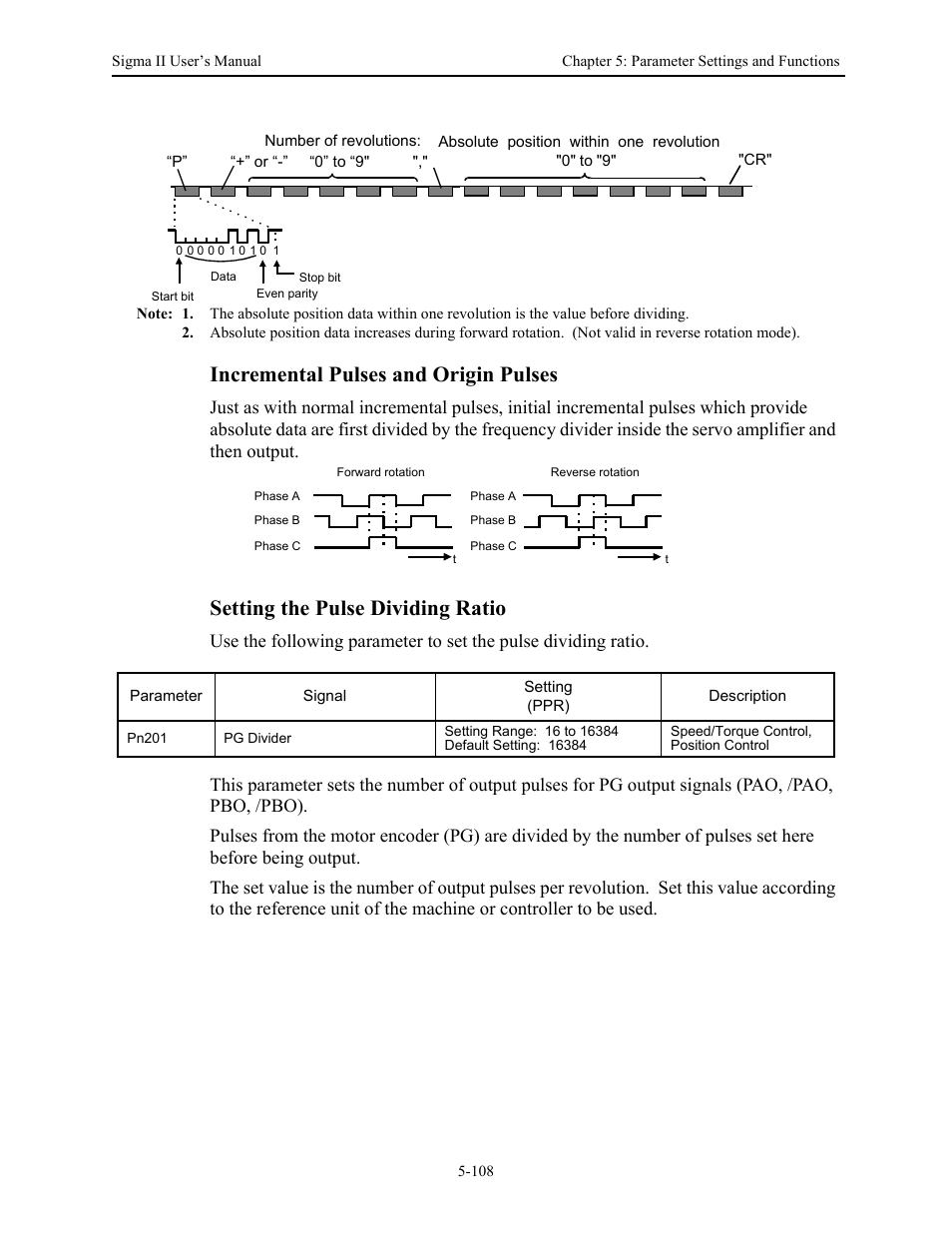 Incremental pulses and origin pulses, Setting the pulse dividing ratio | Yaskawa Sigma II Series Servo System User Manual | Page 194 / 492