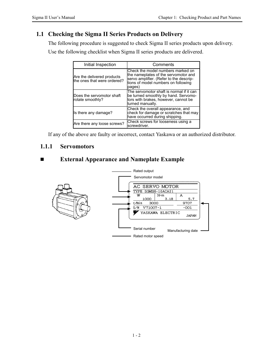 1 servomotors, 1 servomotors - 2, Servomotors -2 | Yaskawa Sigma II Series Servo System User Manual | Page 20 / 492