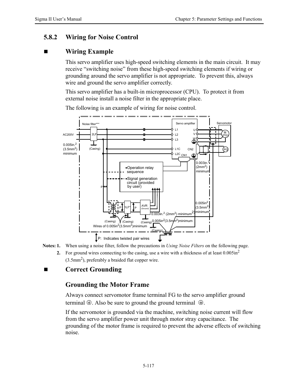 2 wiring for noise control, 2 wiring for noise control - 117, Wiring for noise control -117 | 2 wiring for noise control wiring example, Correct grounding grounding the motor frame, Preferably a braided flat copper wire | Yaskawa Sigma II Series Servo System User Manual | Page 203 / 492