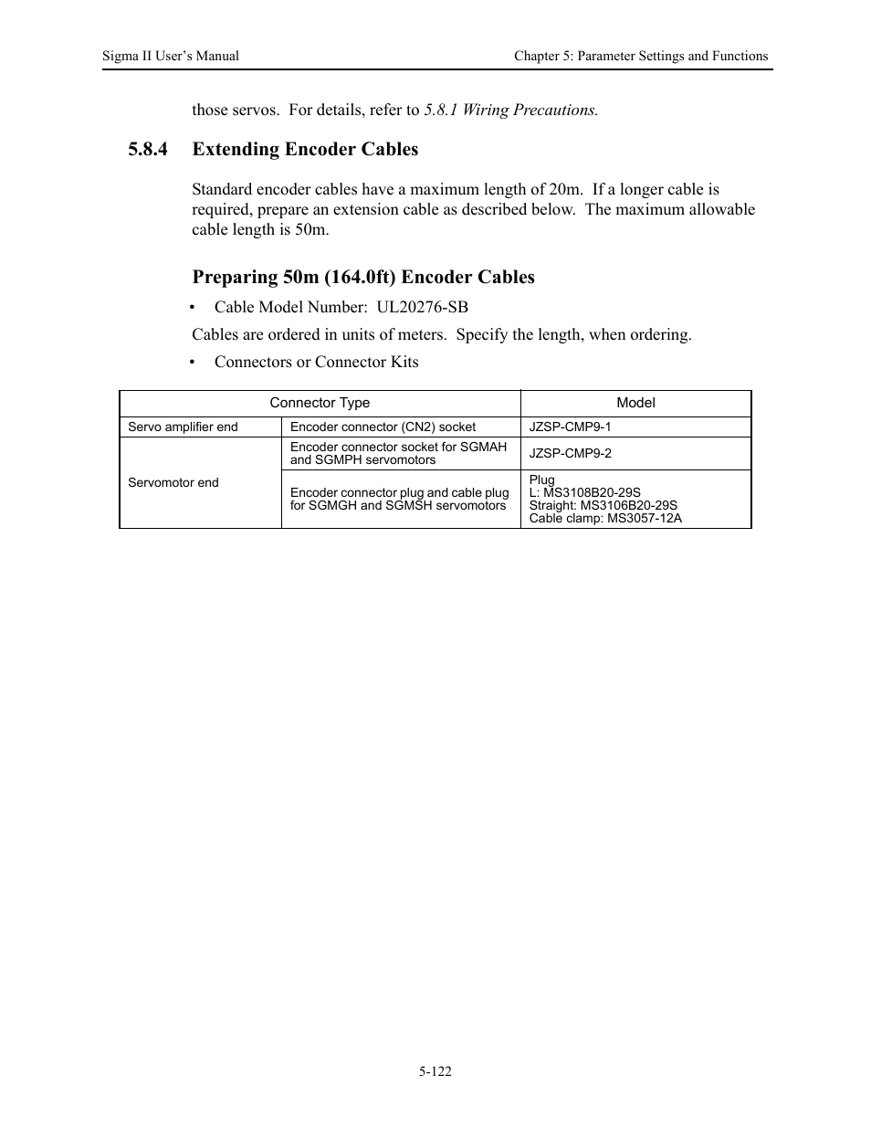 4 extending encoder cables, 4 extending encoder cables - 122, Extending encoder cables -122 | Yaskawa Sigma II Series Servo System User Manual | Page 208 / 492