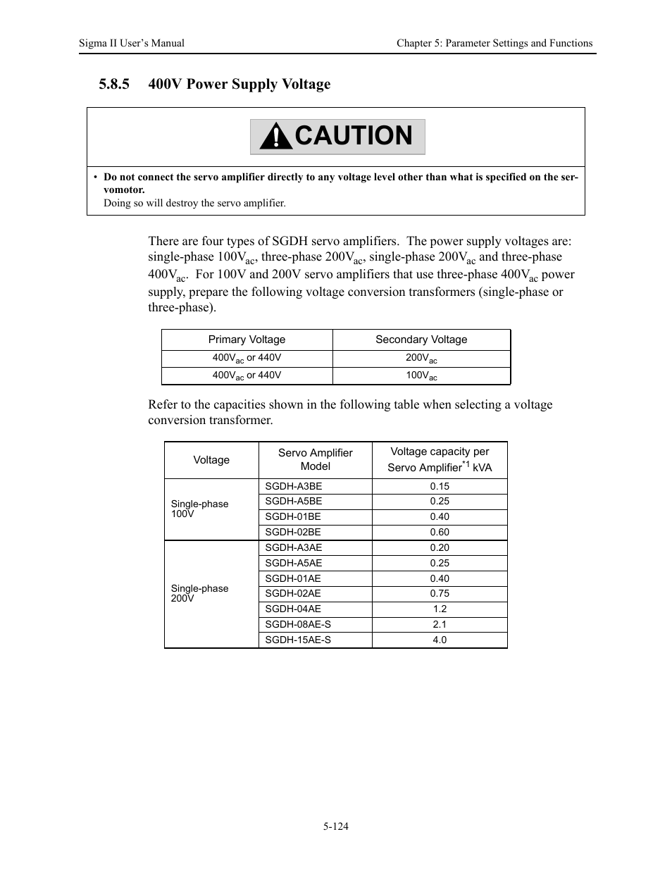 5 400v power supply voltage, 5 400v power supply voltage - 124, 400v power supply voltage -124 | Caution | Yaskawa Sigma II Series Servo System User Manual | Page 210 / 492
