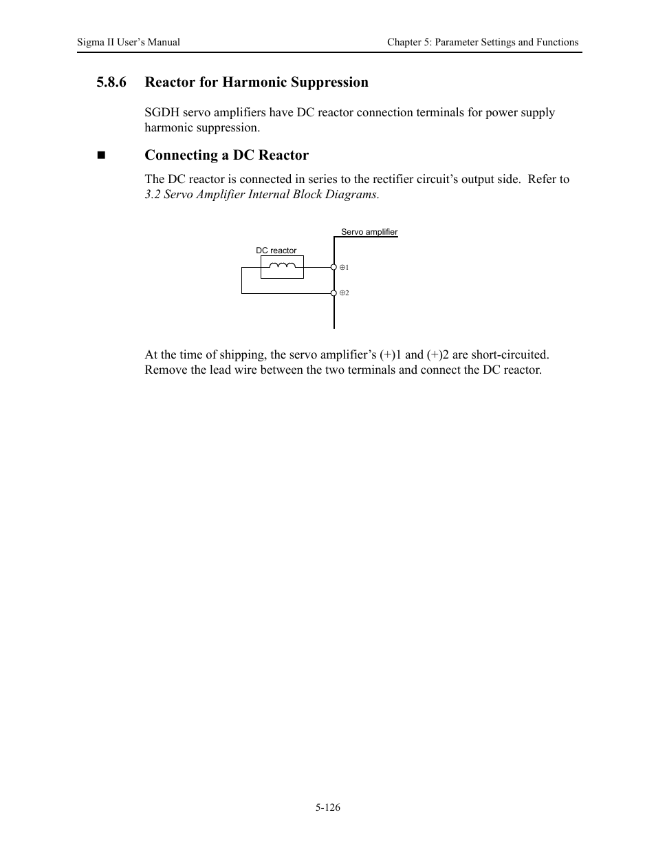6 reactor for harmonic suppression, 6 reactor for harmonic suppression - 126, Reactor for harmonic suppression -126 | Connecting a dc reactor | Yaskawa Sigma II Series Servo System User Manual | Page 212 / 492