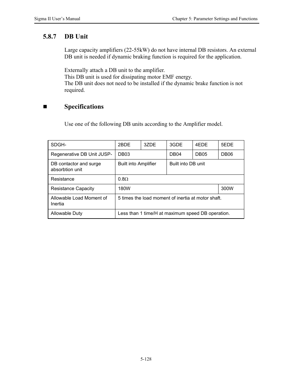 7 db unit, 7 db unit - 128, Db unit -128 | Specifications | Yaskawa Sigma II Series Servo System User Manual | Page 214 / 492