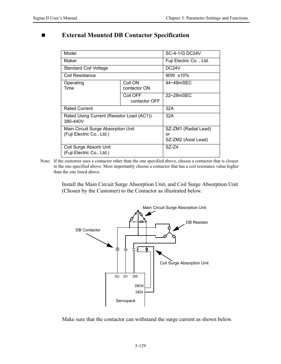 External mounted db contactor specification | Yaskawa Sigma II Series Servo System User Manual | Page 215 / 492