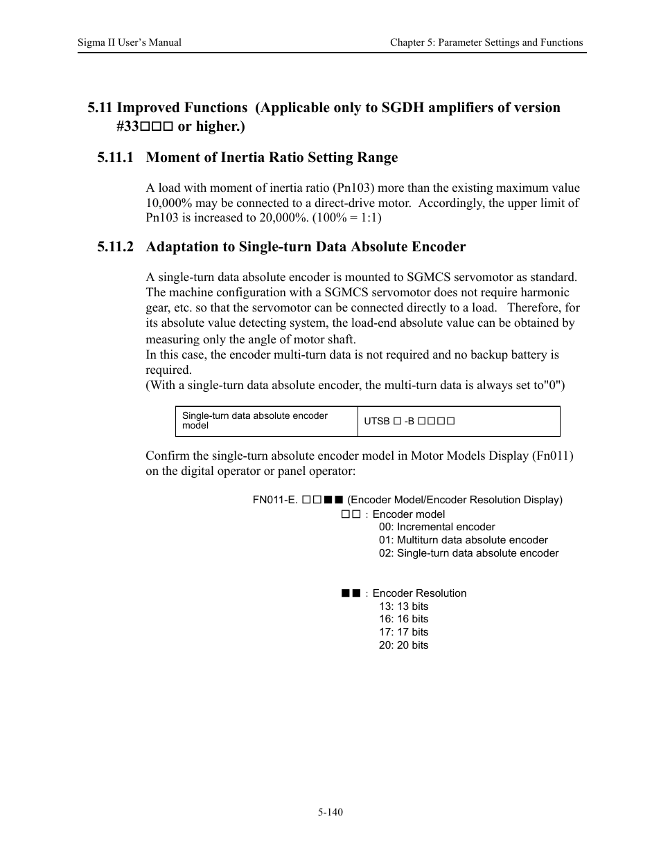 5 improved functions, 1 moment of inertia ratio setting range, 2 adaptation to single-turn data absolute encoder | Higher.) -140, Moment of inertia ratio setting range -140 | Yaskawa Sigma II Series Servo System User Manual | Page 226 / 492