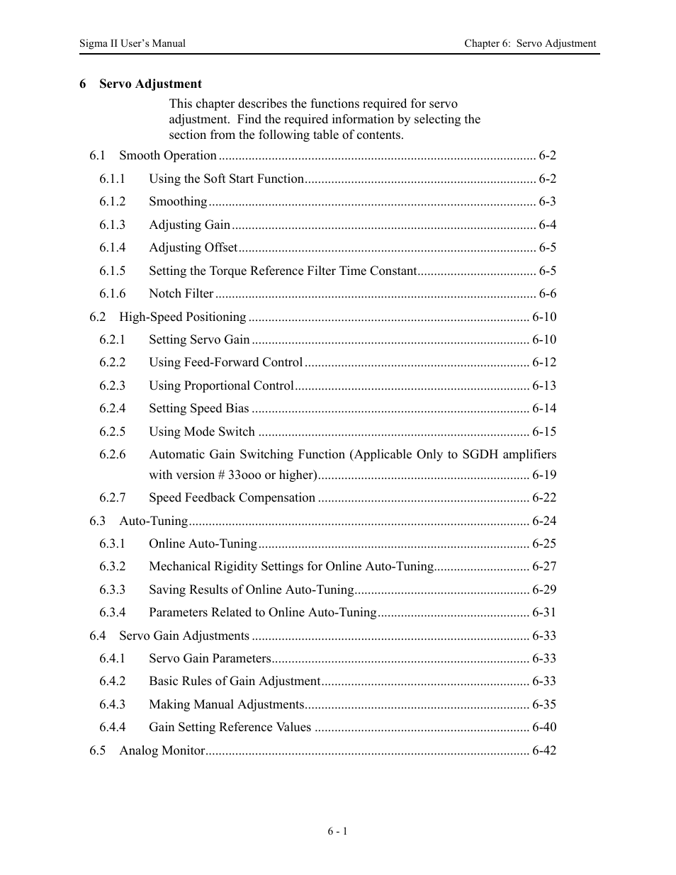6 servo adjustment, Servo adjustment - 1 | Yaskawa Sigma II Series Servo System User Manual | Page 233 / 492