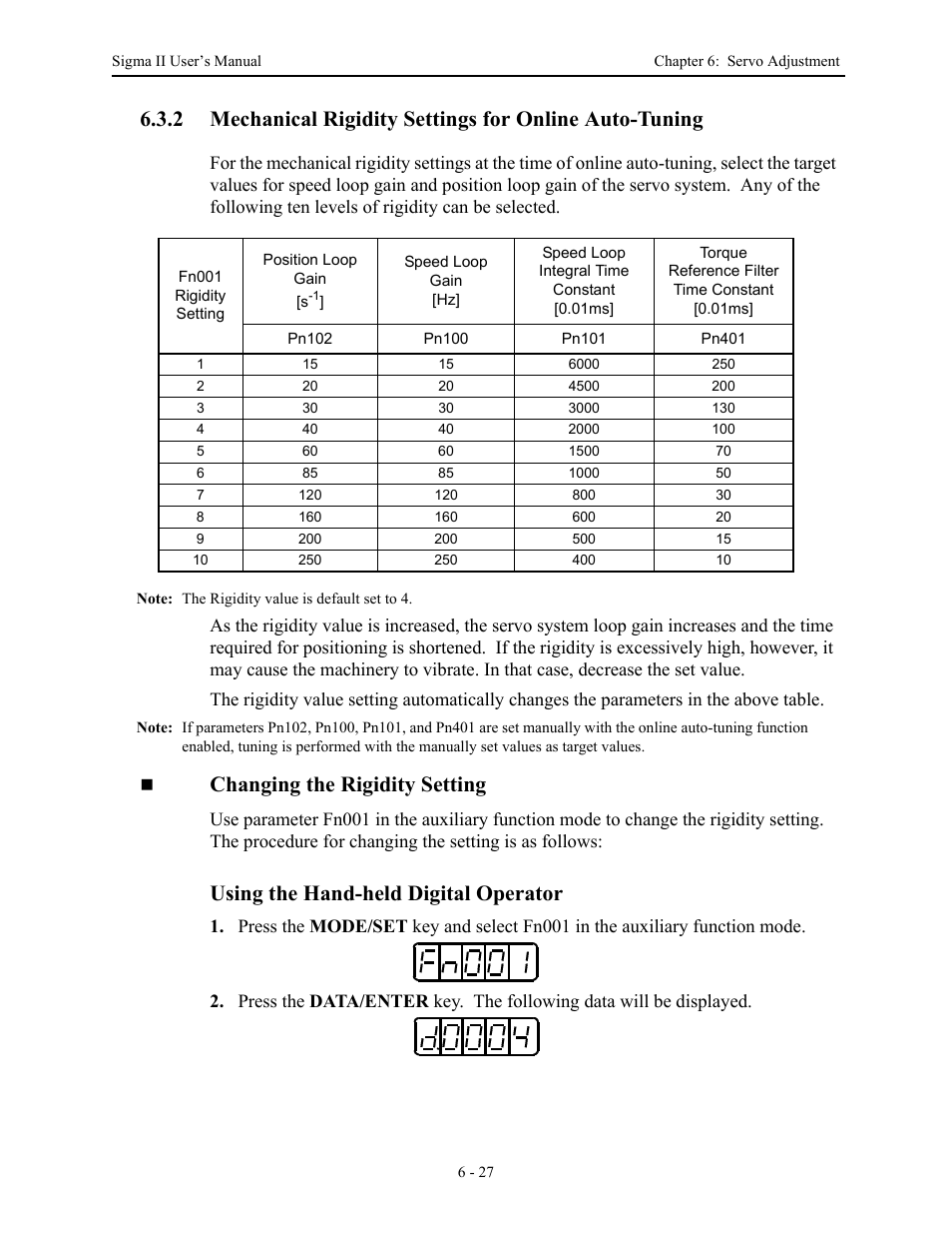 Changing the rigidity setting, Using the hand-held digital operator | Yaskawa Sigma II Series Servo System User Manual | Page 259 / 492