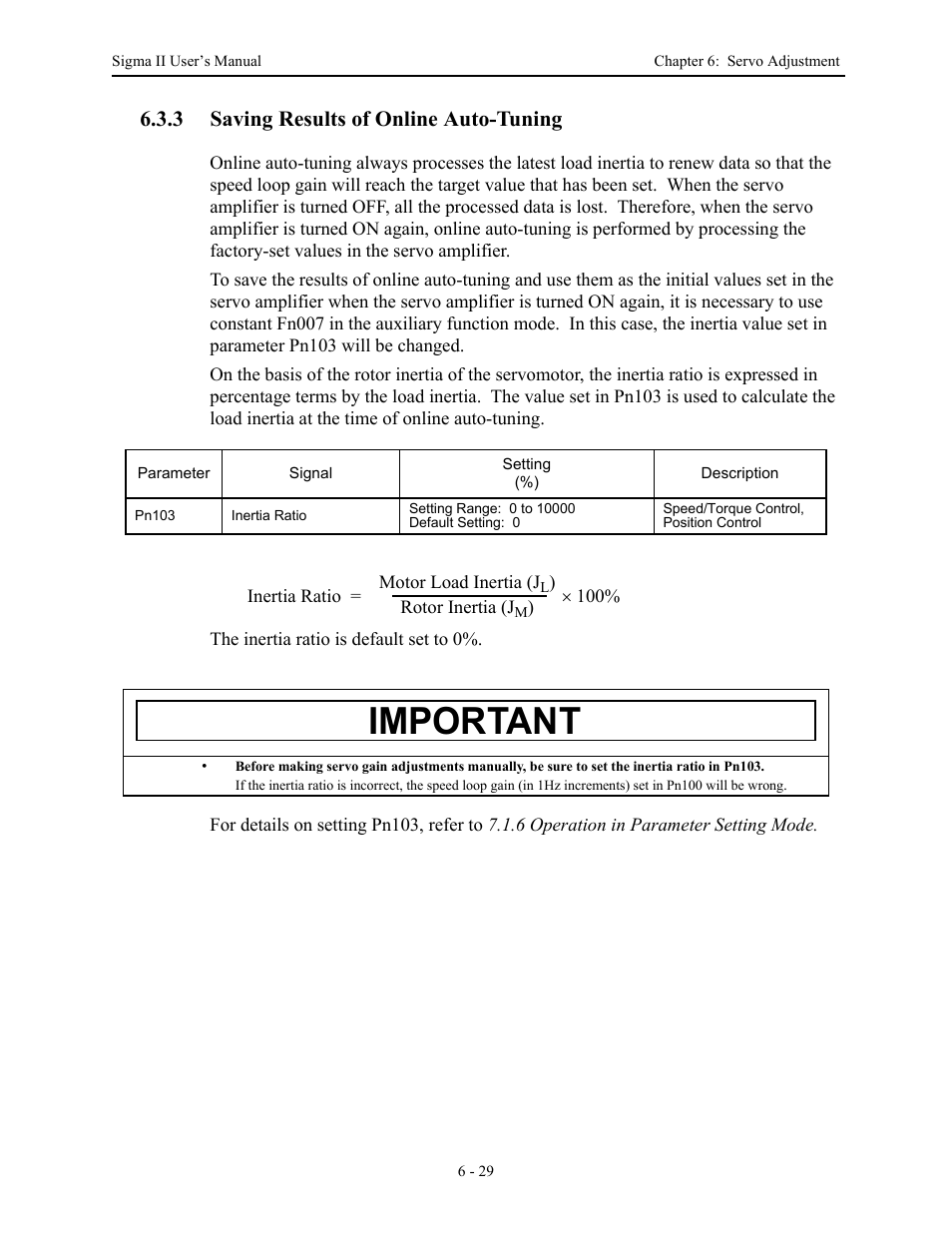 3 saving results of online auto-tuning, 3 saving results of online auto-tuning - 29, Saving results of online auto-tuning -29 | Important | Yaskawa Sigma II Series Servo System User Manual | Page 261 / 492