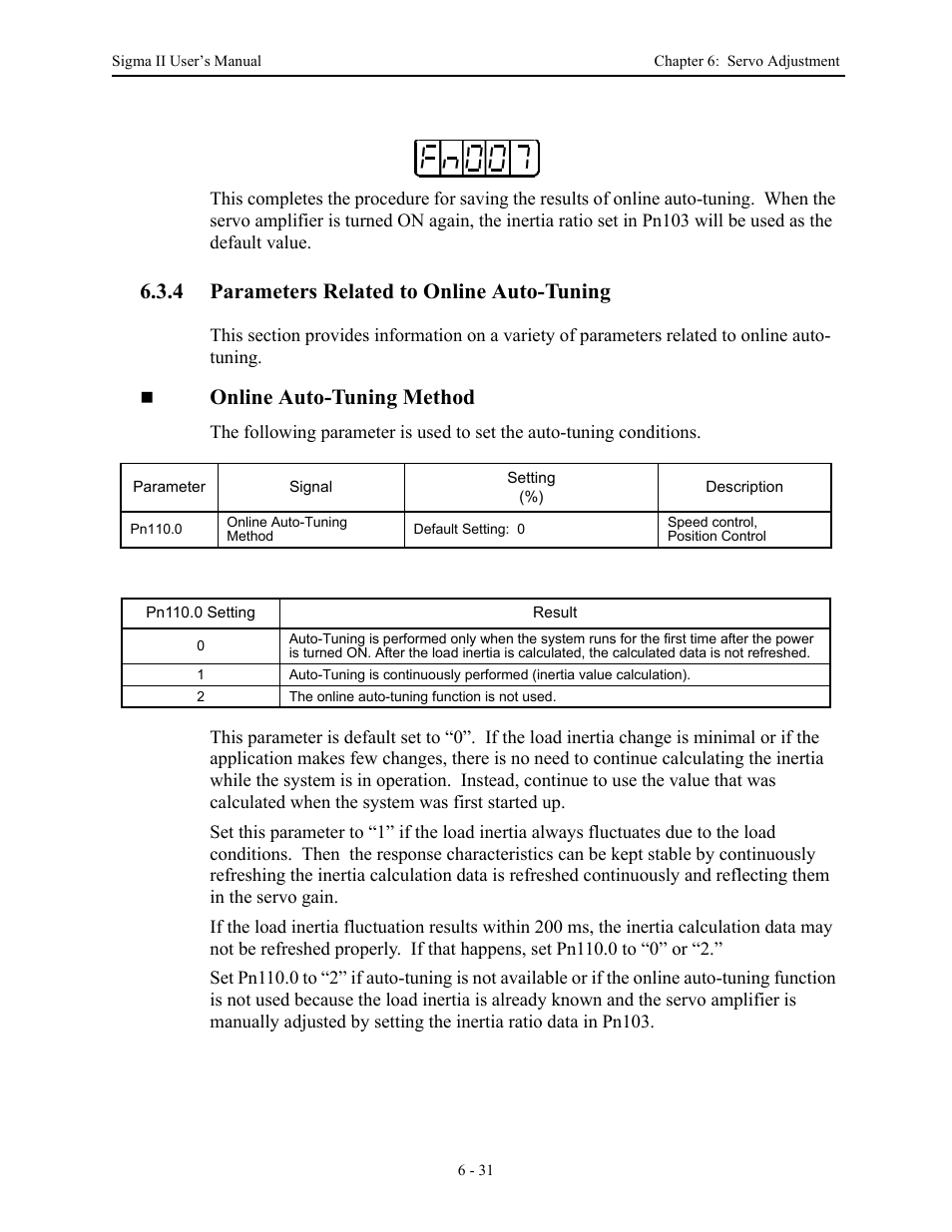 4 parameters related to online auto-tuning, 4 parameters related to online auto-tuning - 31, Parameters related to online auto-tuning -31 | Online auto-tuning method | Yaskawa Sigma II Series Servo System User Manual | Page 263 / 492