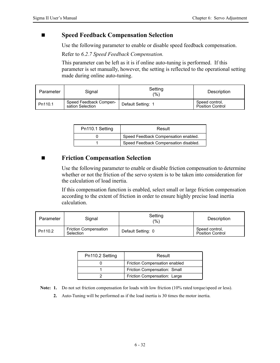 Speed feedback compensation selection, Friction compensation selection | Yaskawa Sigma II Series Servo System User Manual | Page 264 / 492