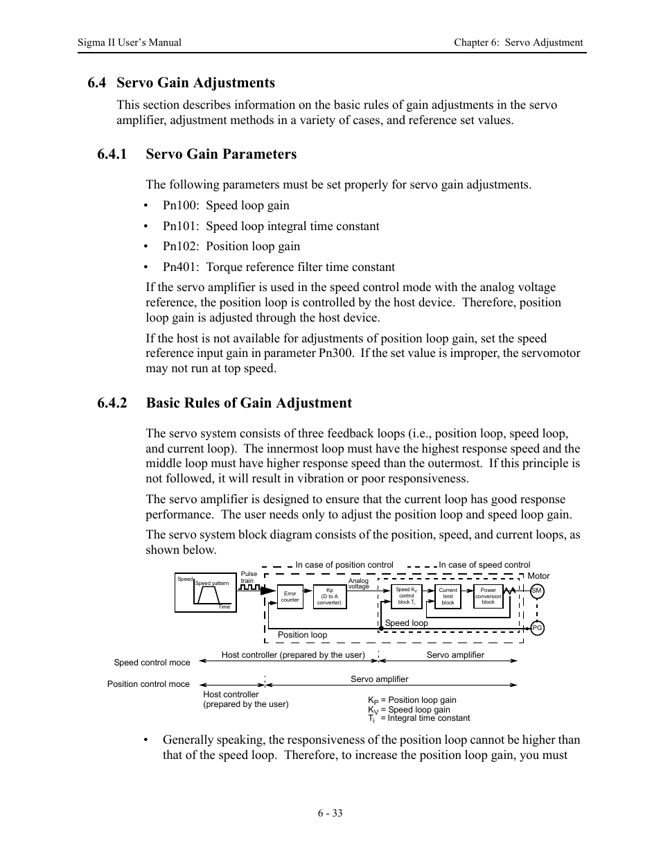 4 servo gain adjustments, 1 servo gain parameters, 2 basic rules of gain adjustment | 4 servo gain adjustments - 33, 4 servo gain adjustments -33, Servo gain parameters -33, Basic rules of gain adjustment -33 | Yaskawa Sigma II Series Servo System User Manual | Page 265 / 492