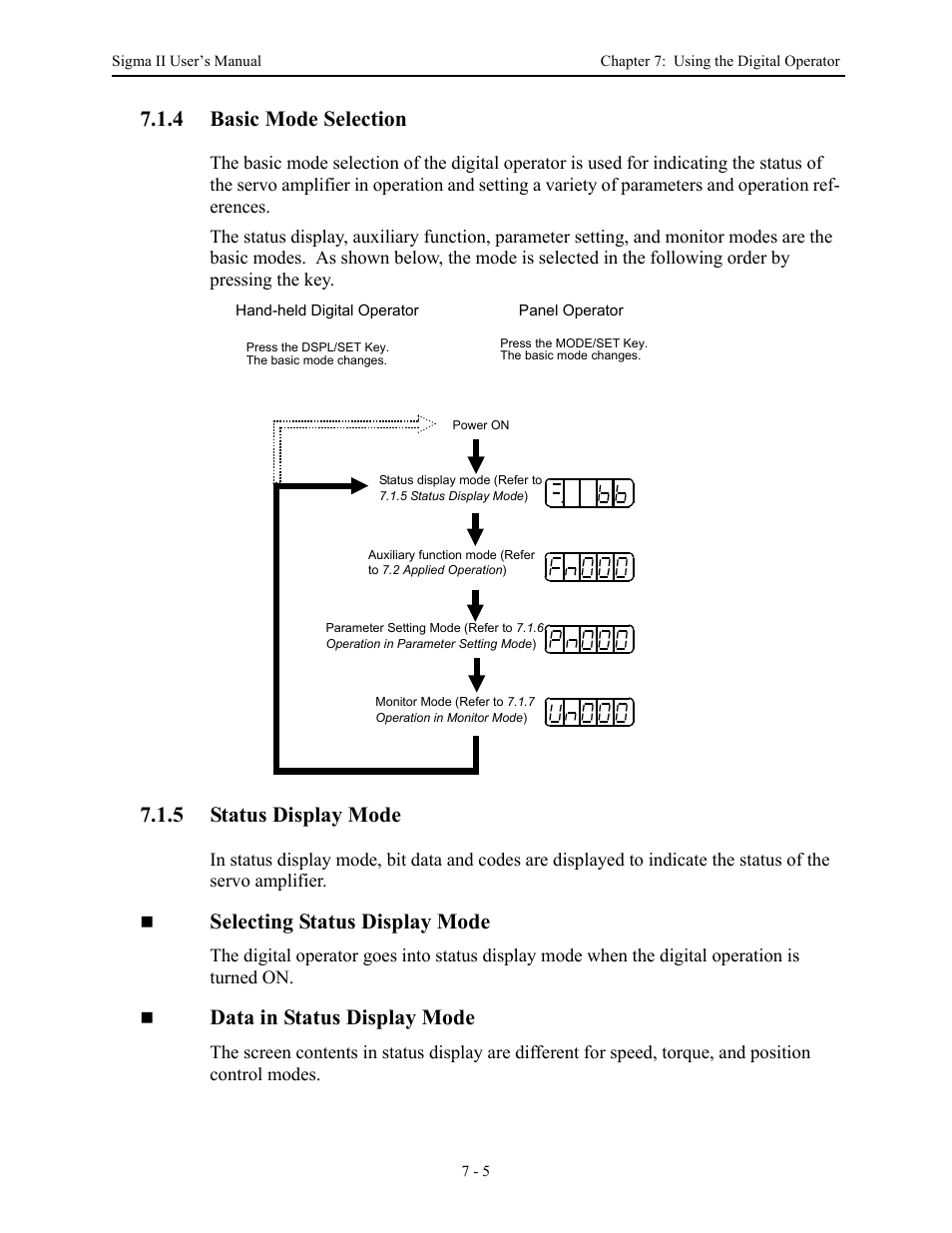 4 basic mode selection, 5 status display mode, Basic mode selection -5 | Status display mode -5, Selecting status display mode, Data in status display mode | Yaskawa Sigma II Series Servo System User Manual | Page 279 / 492