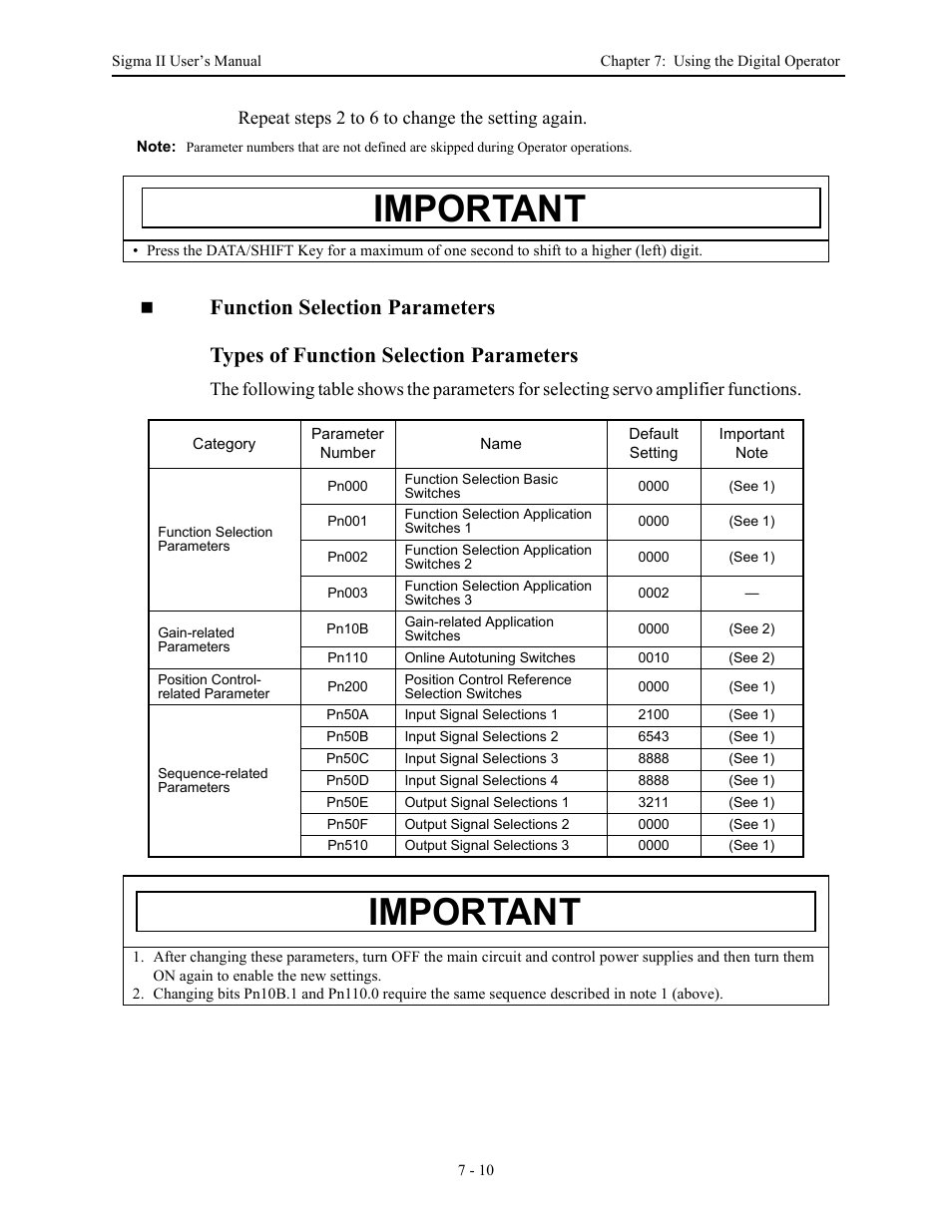 Important | Yaskawa Sigma II Series Servo System User Manual | Page 284 / 492