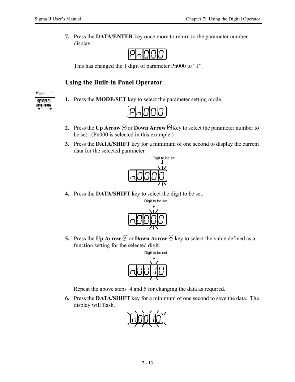 Using the built-in panel operator | Yaskawa Sigma II Series Servo System User Manual | Page 287 / 492