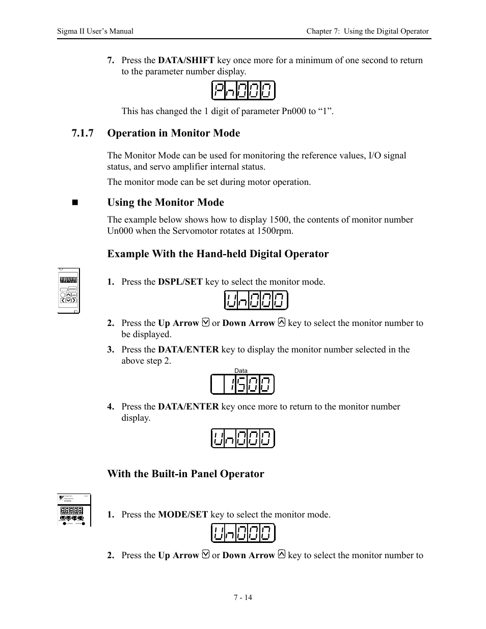 7 operation in monitor mode, 7 operation in monitor mode - 14, Operation in monitor mode -14 | Using the monitor mode, Example with the hand-held digital operator, With the built-in panel operator | Yaskawa Sigma II Series Servo System User Manual | Page 288 / 492