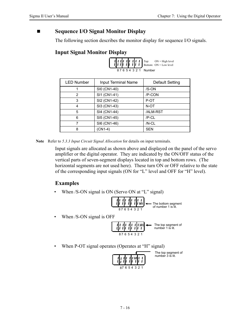 Sequence i/o signal monitor display, Input signal monitor display, Examples | Yaskawa Sigma II Series Servo System User Manual | Page 290 / 492