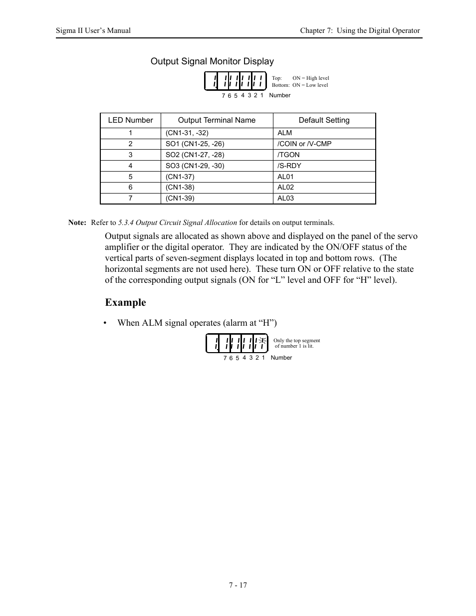 Example, Output signal monitor display, When alm signal operates (alarm at “h”) | Yaskawa Sigma II Series Servo System User Manual | Page 291 / 492