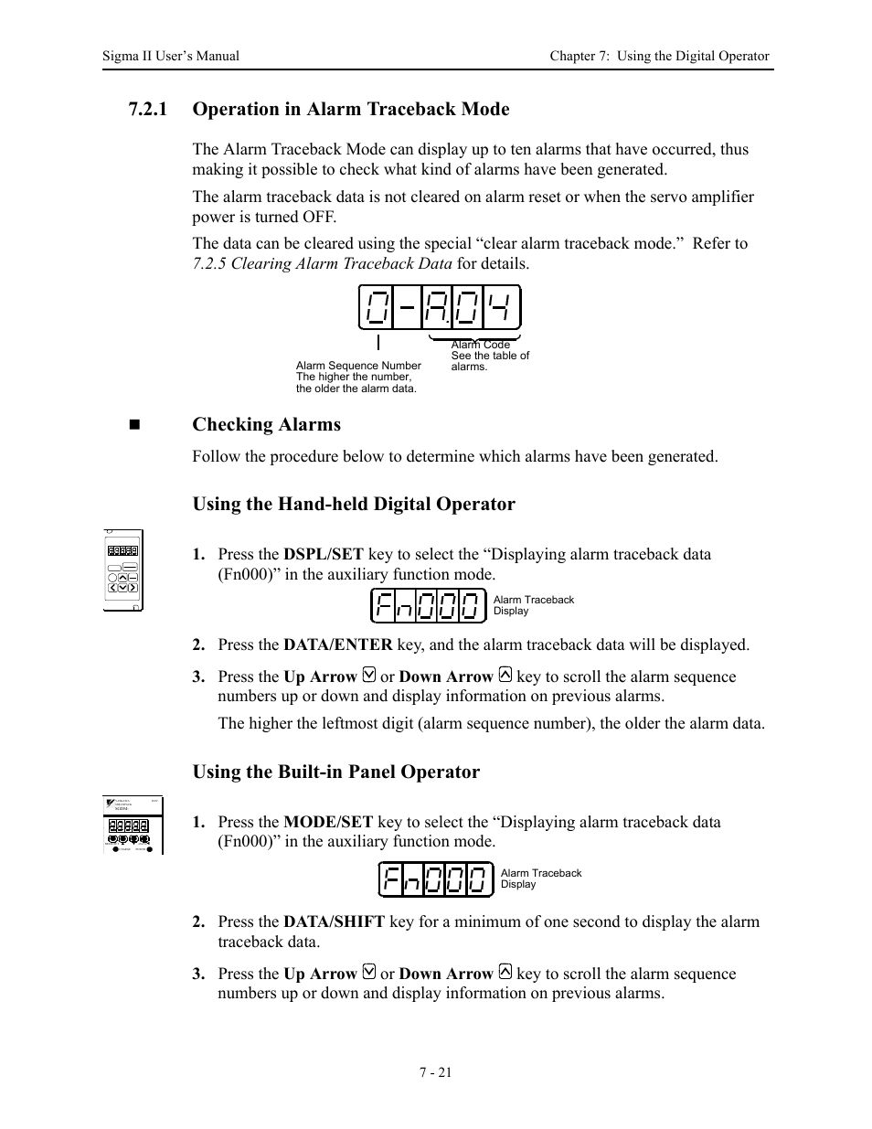 1 operation in alarm traceback mode, 1 operation in alarm traceback mode - 21, Operation in alarm traceback mode -21 | Checking alarms, Using the hand-held digital operator, Using the built-in panel operator | Yaskawa Sigma II Series Servo System User Manual | Page 295 / 492