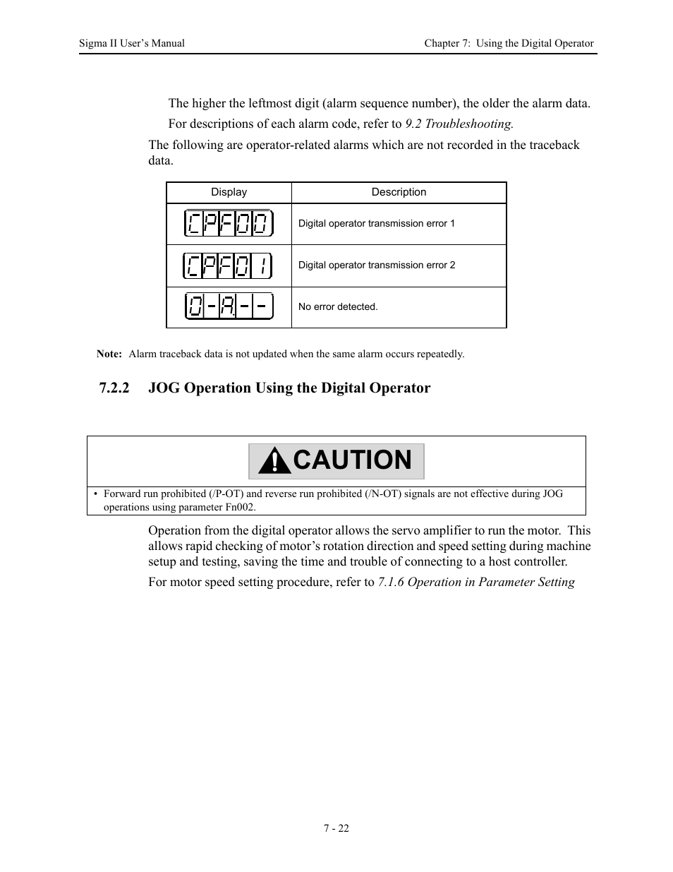 2 jog operation using the digital operator, 2 jog operation using the digital operator - 22, Jog operation using the digital operator -22 | Caution | Yaskawa Sigma II Series Servo System User Manual | Page 296 / 492